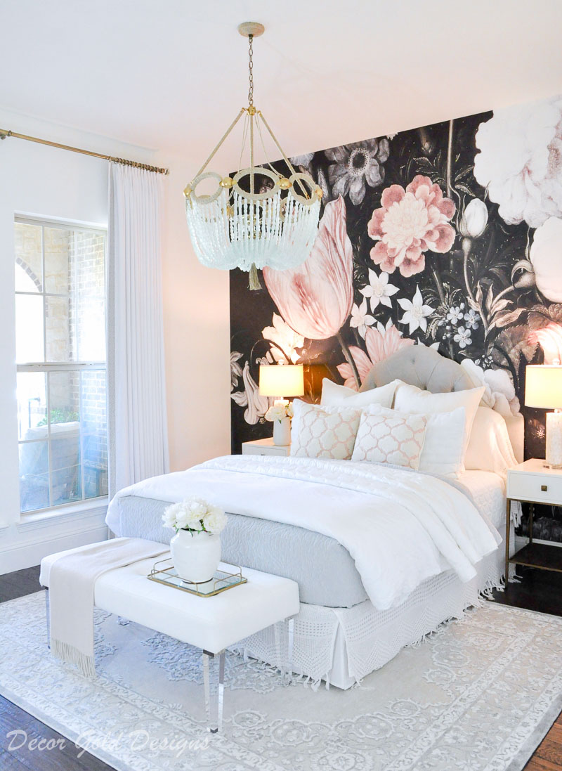 bedroom dark floral wallpaper blush black white