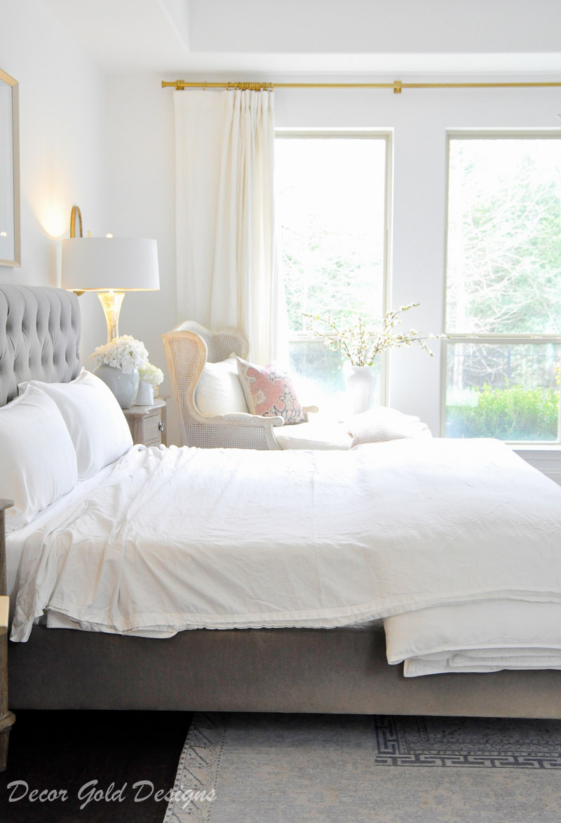 home bedroom gray white bedding