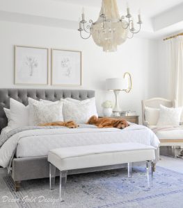 bedroom gray white bedding dogs