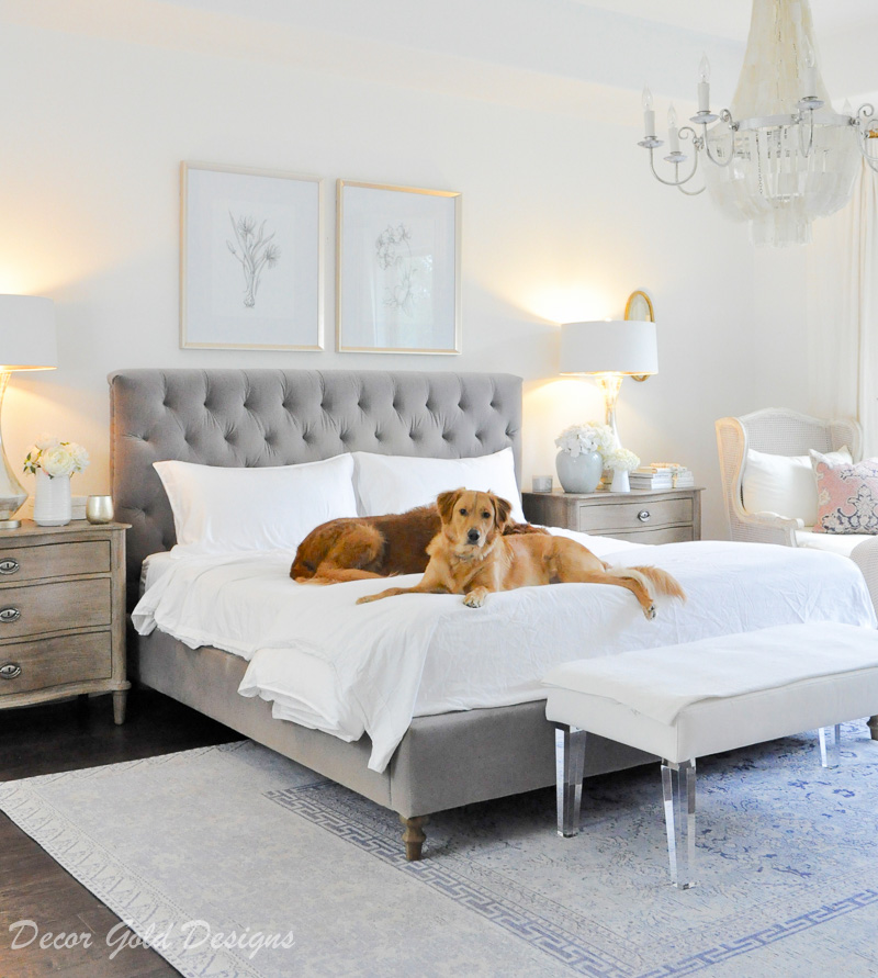 bedroom gray white bedding dogs