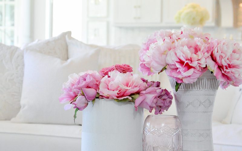 faux pink peonies white vases decor