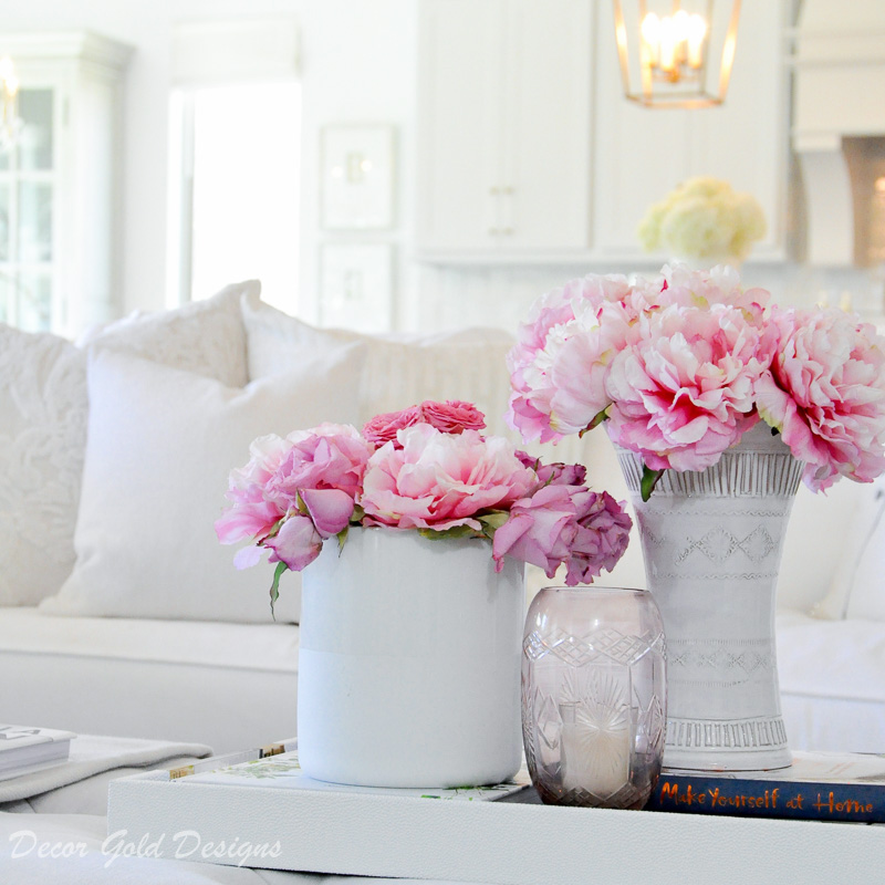 faux pink peonies white vases decor