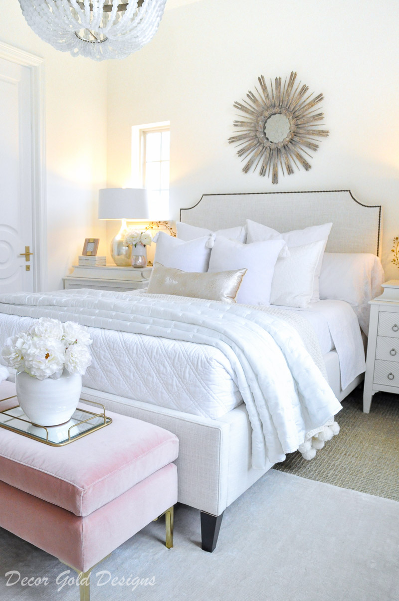 white bedroom blush pink bench