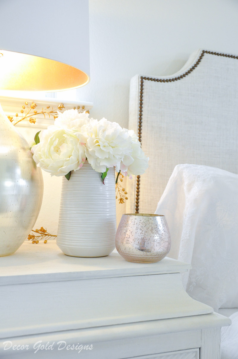 white vase faux peonies nightstand decor