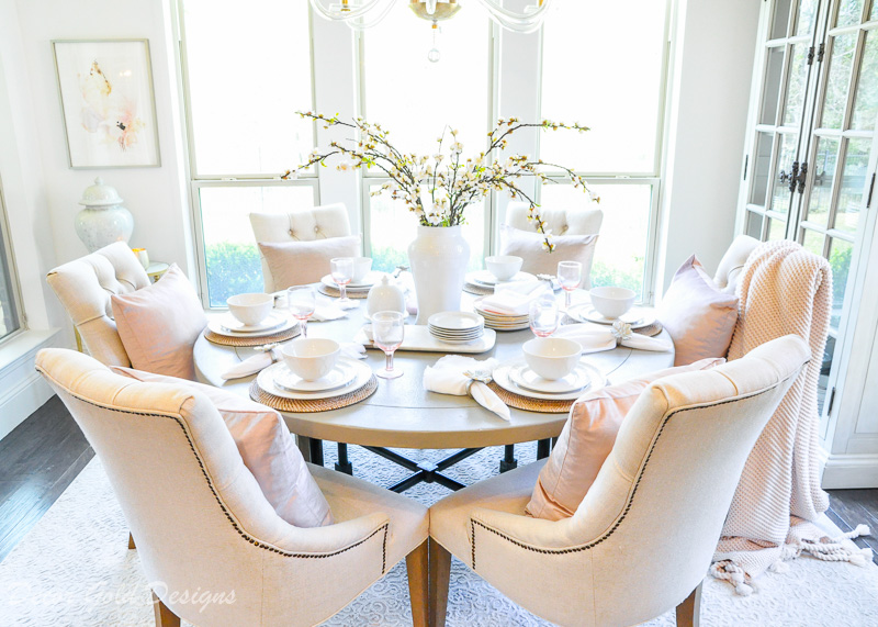 Round breakfast table blush white tablescape details