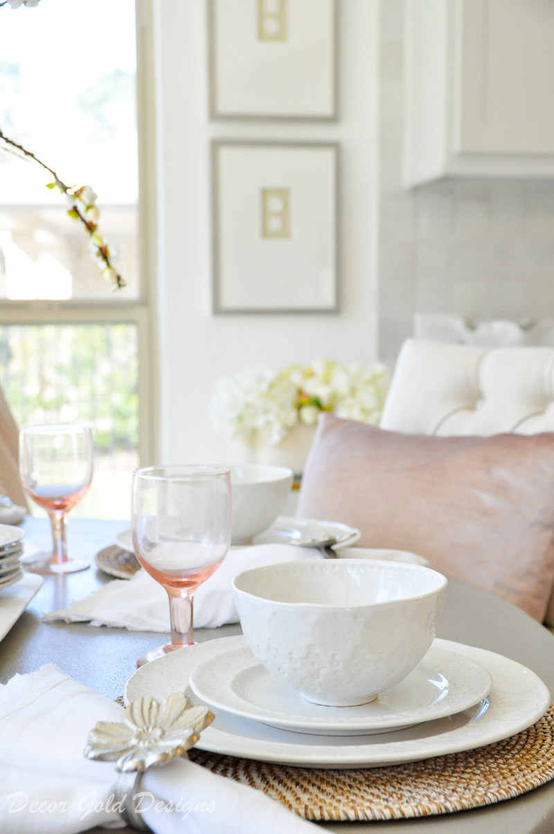 Round breakfast table blush white tablescape details