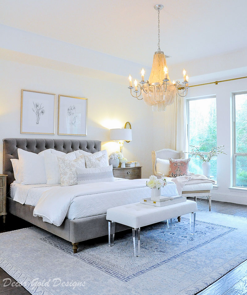 Bedroom gray tufted bed chandelier 