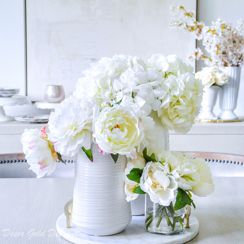 Faux flowers hydrangeas peonies white marble tray