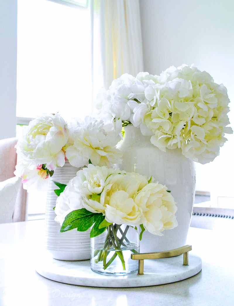 faux flowers hydrangeas peonies white marble tray