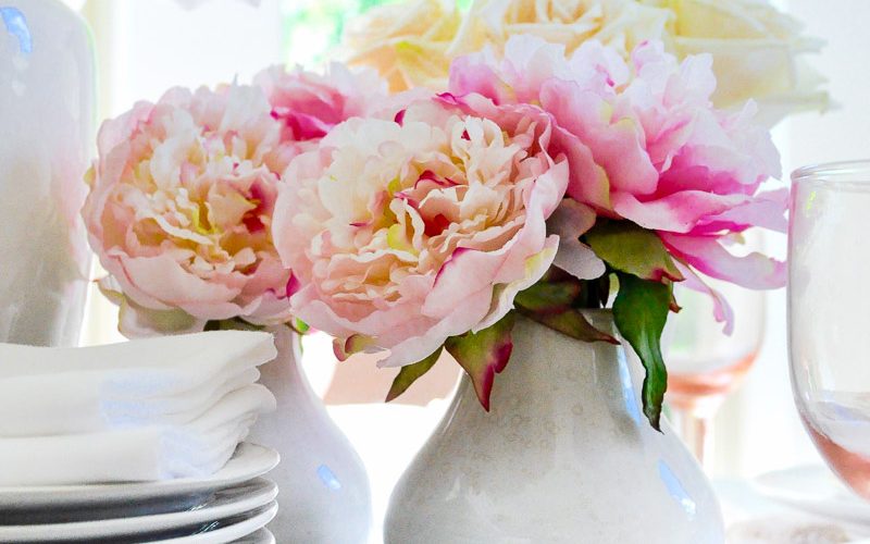 Beautiful faux flowers pink peonies white vase