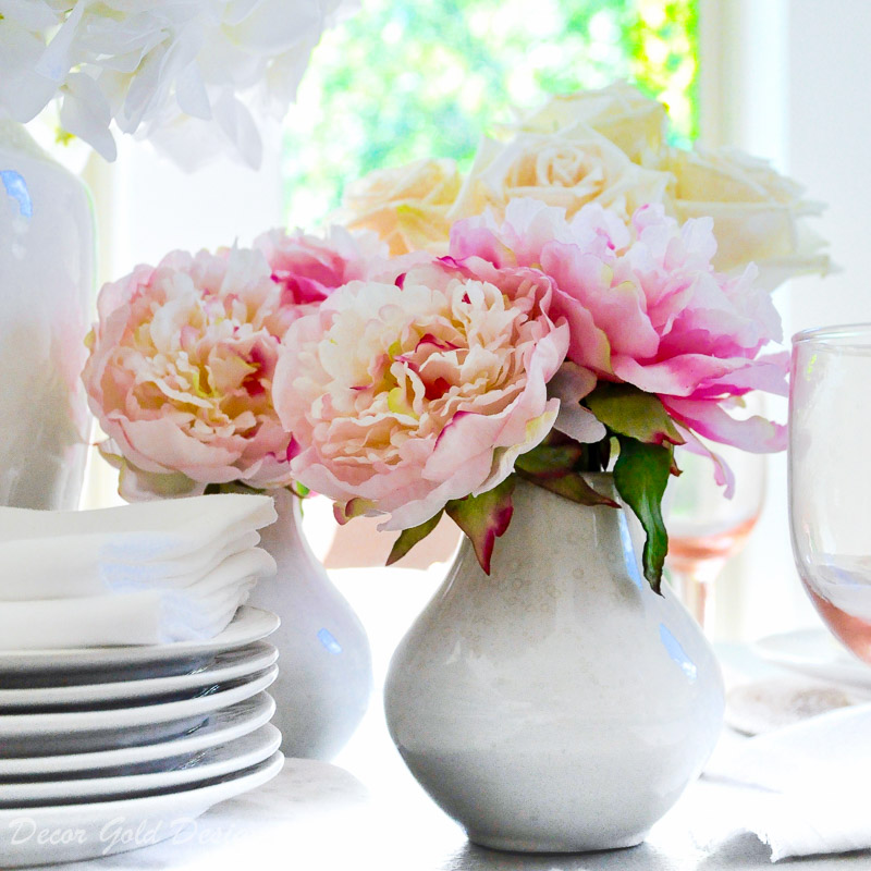 Beautiful faux flowers pink peonies white vase