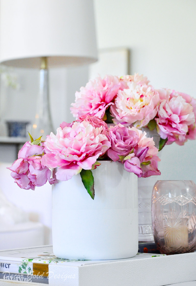 faux flowers pink peonies coffee table decor