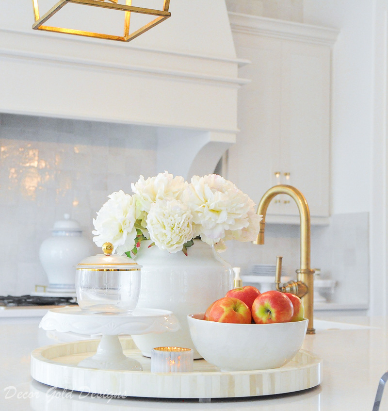 Kitchen countertop styling ideas vignette bowl fruit vase flowers