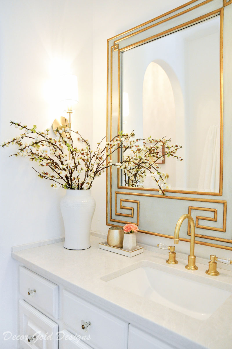 Elegant powder bathroom beautiful greek key mirror