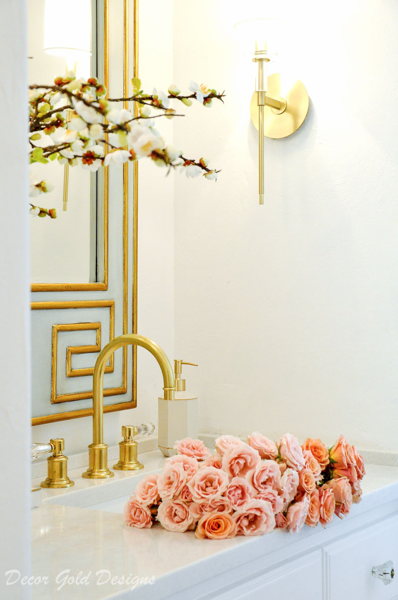 Powder bathroom white walls beautiful brass accents