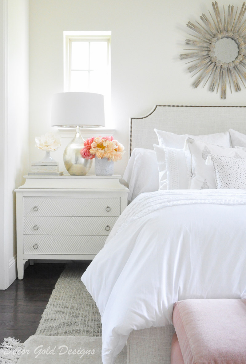 beautiful designer bedroom white bedding nightstand