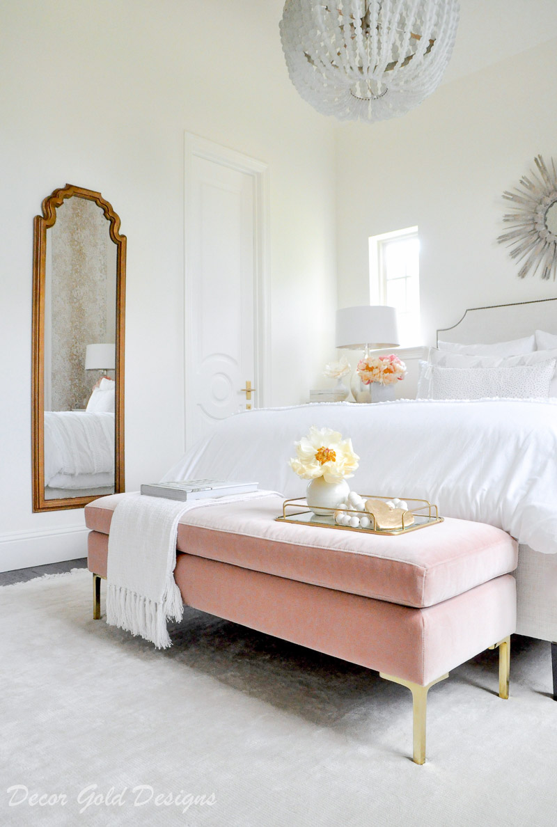 Beautiful designer bedroom white bedding pink velvet bench