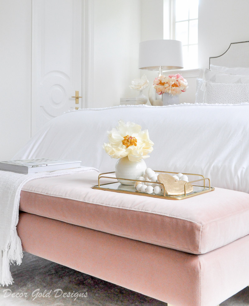 Beautiful designer bedroom white color scheme blush pink bench