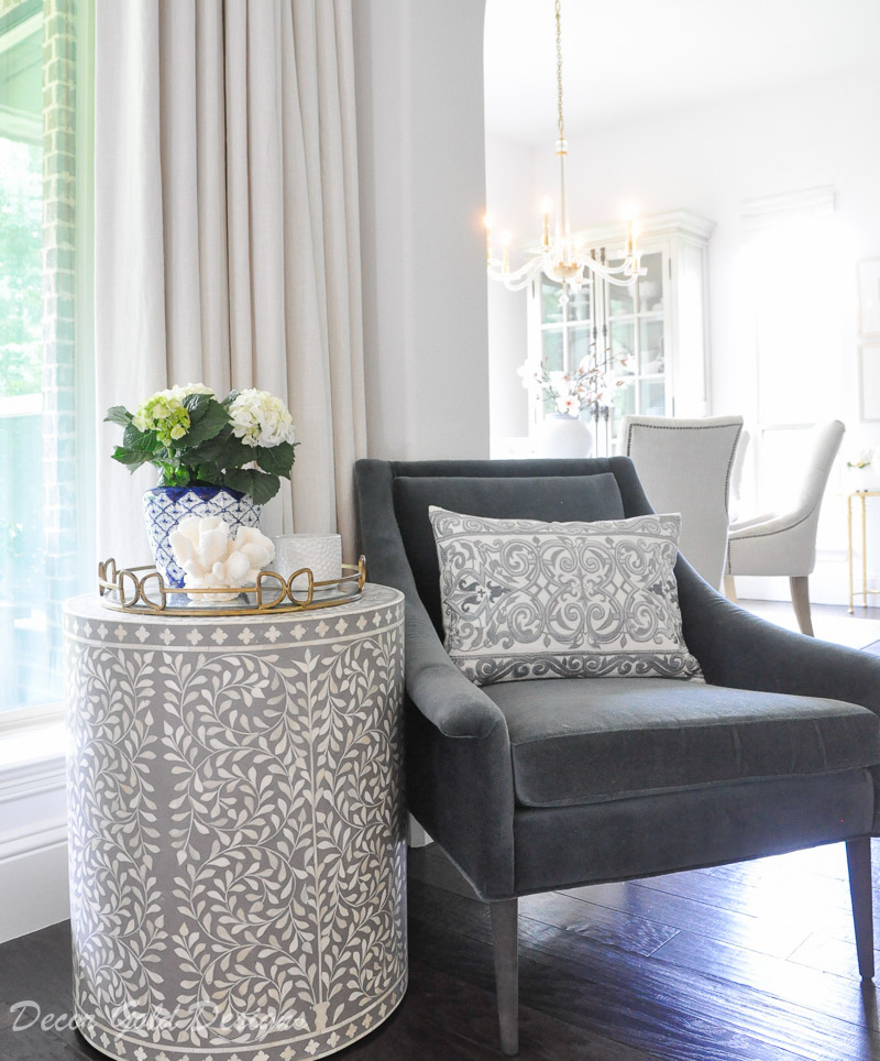 Home tour gray side table blue chair