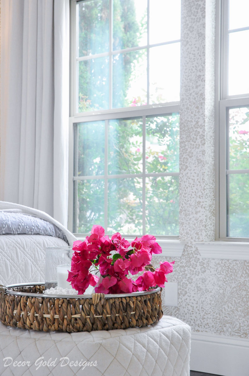 Coastal bedroom whites soft blues bougainvillea