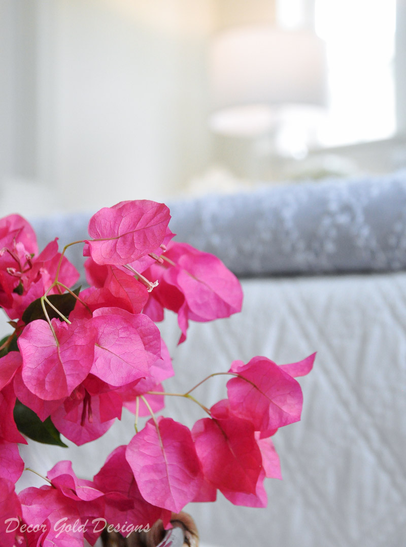 Coastal bedroom whites soft blues bougainvillea