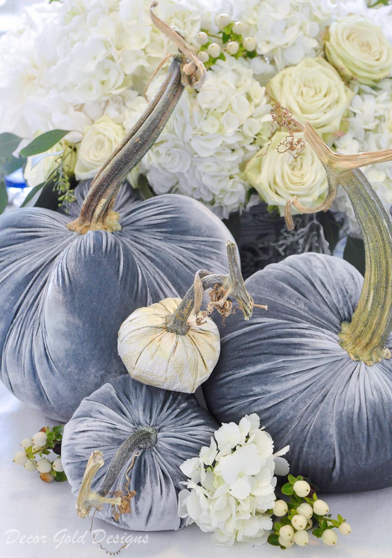 fall home tour blue white floral pumpkin centerpiece