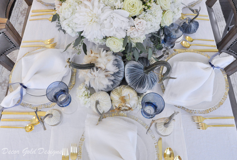 fall home tour blue white floral centerpiece