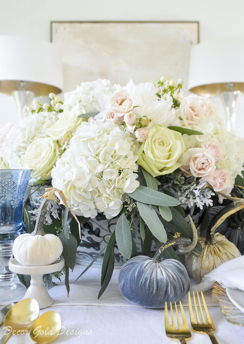 fall home tour blue white floral centerpiece