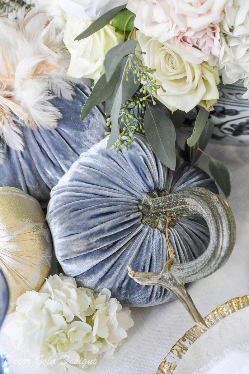 fall home tour blue white floral pumpkin centerpiece