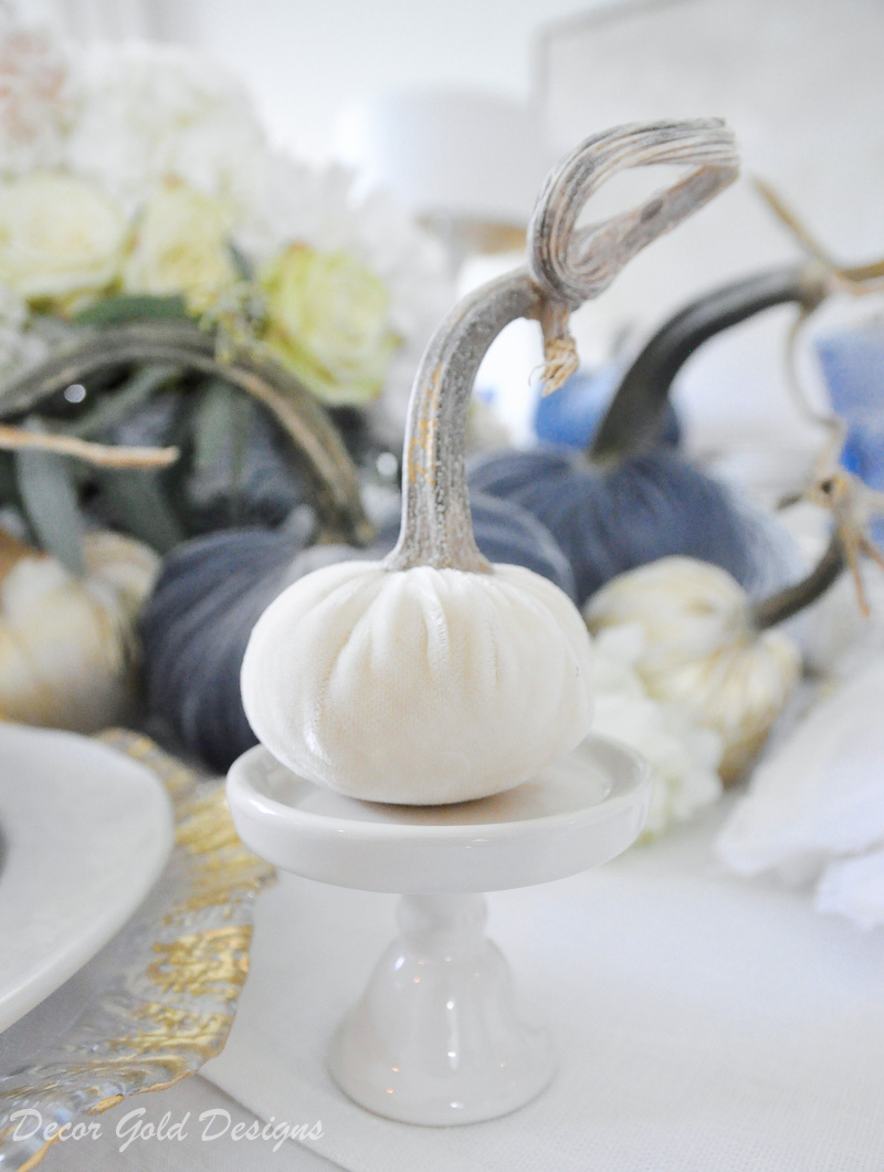 fall home tour blue white centerpiece tiny pumpkin cupcake stand