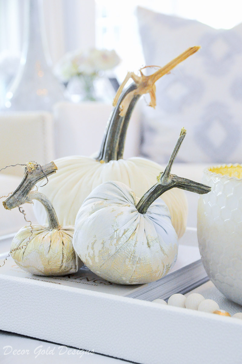 This pretty vignette fall home tour fabric velvet pumpkin decor 