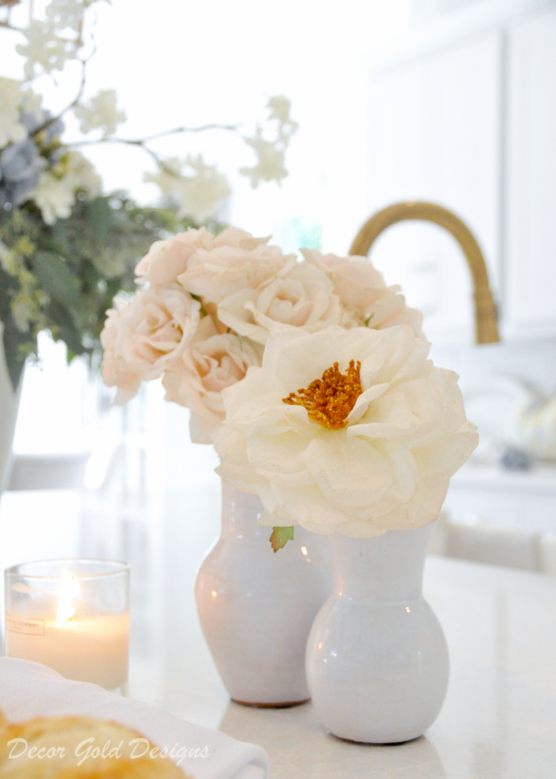 fall home tour white kitchen gold accents beautifully styled vases 