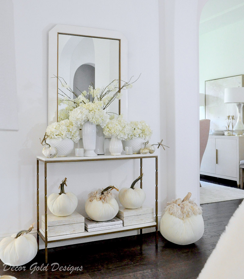 Elegant fall home tour white pumpkins console table decor