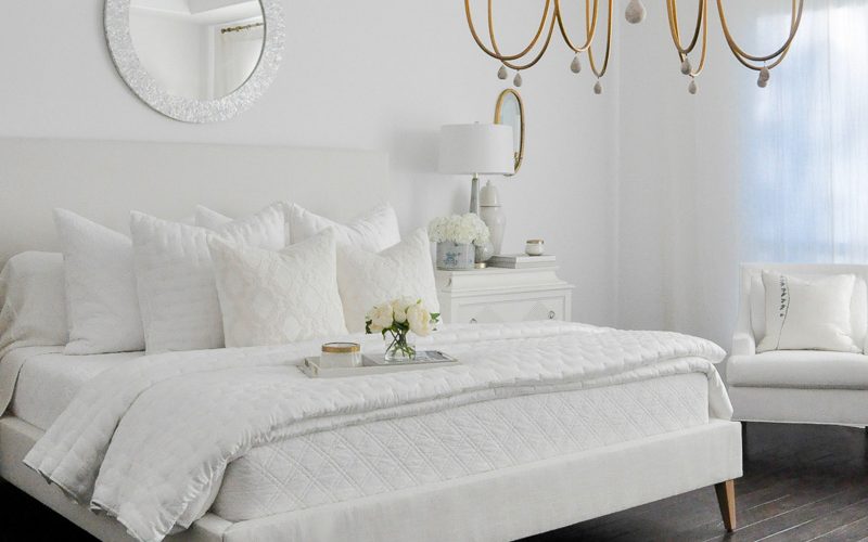 Master bedroom refresh white bed gold chandelier