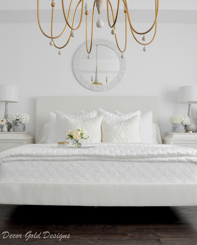 Master bedroom refresh white bed gold chandelier