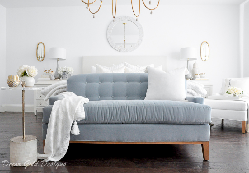 Beautiful master bedroom refresh soft blue sofa