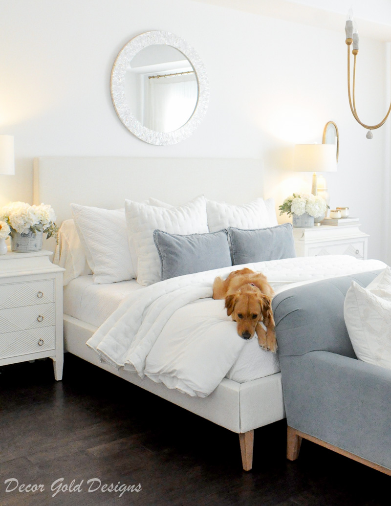 Master bedroom refresh white bed blue accents