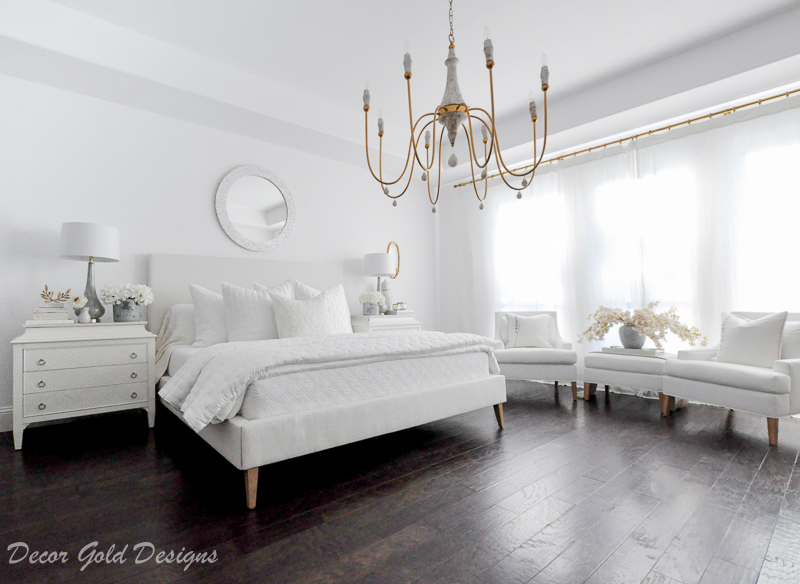 Master bedroom refresh white bed gold chandelier