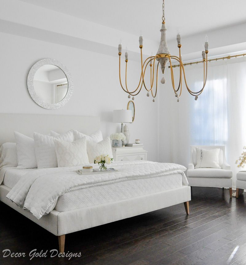 Master bedroom refresh white bed gold chandelier