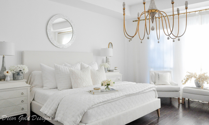 Master bedroom refresh white bed gold chandelier