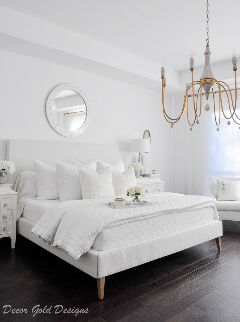 Master bedroom refresh white bed gold chandelier