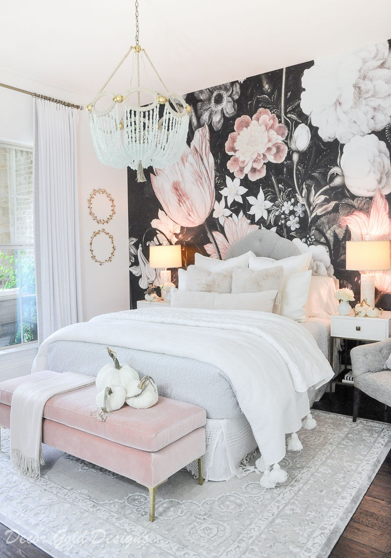 Subtle fall bedroom beautiful floral mural pink bench