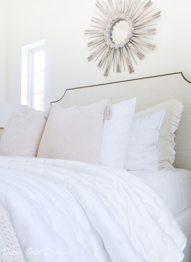 Subtle fall bedroom white blush pink bed