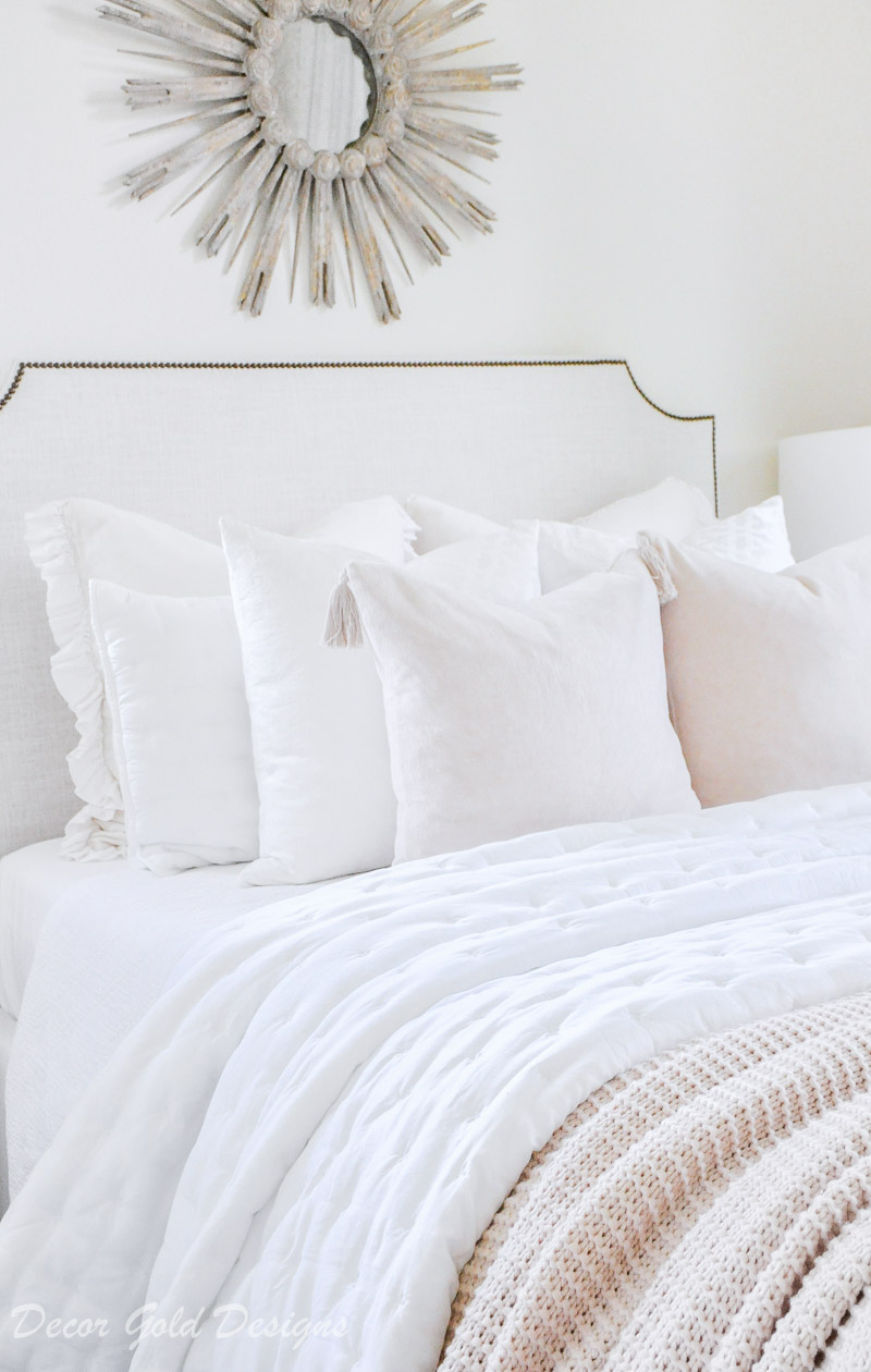 Subtle fall bedroom white blush pink bed