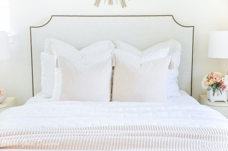 Subtle fall bedroom white blush pink bed