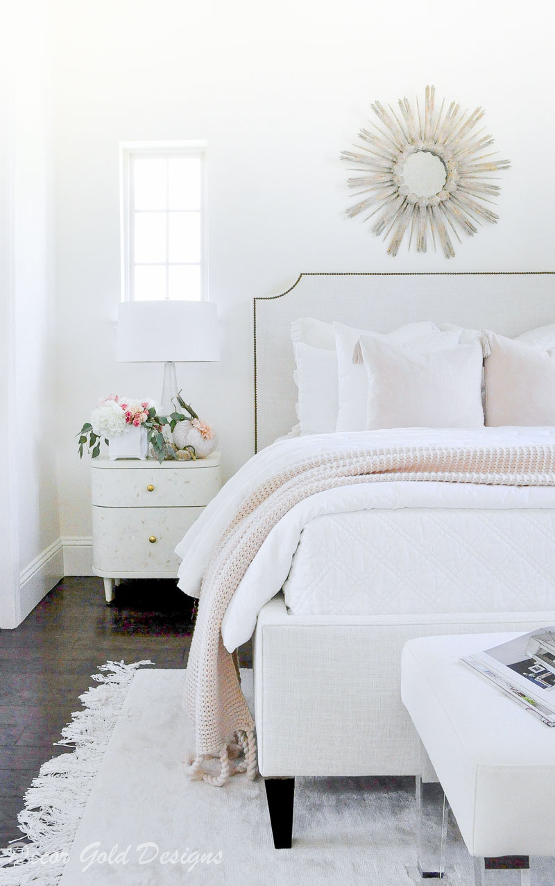 Beautiful subtle fall bedroom white nightstand