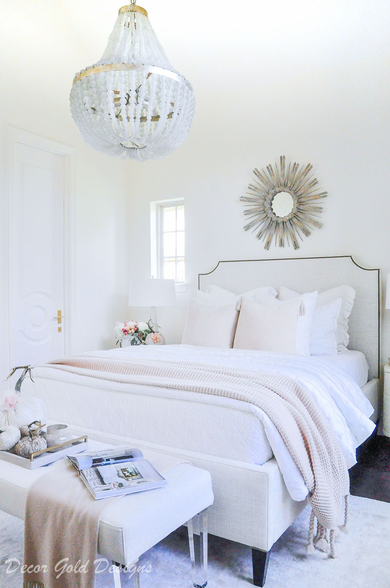 Subtle fall bedroom white pink bed feminine decor