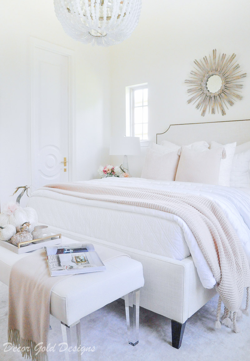 Subtle fall bedroom white pink bed feminine decor