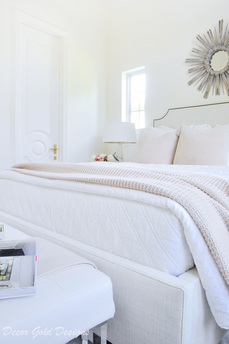 Subtle fall bedroom white bedding blush throw blanket 