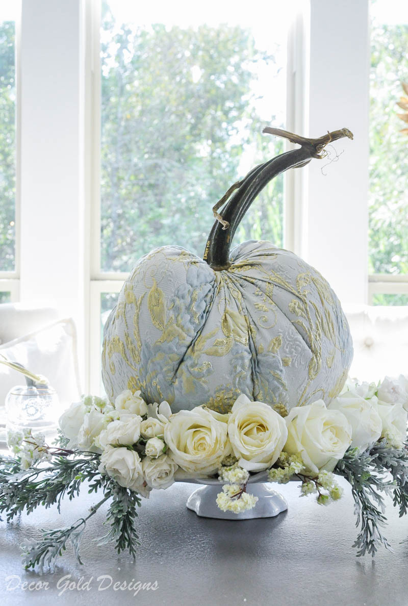 Elegant tabletop pumpkin centerpiece styling light blue